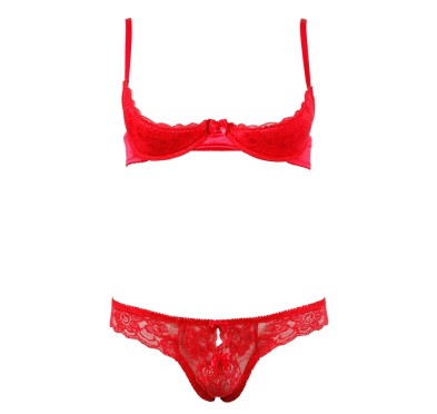 Cottelli LINGERIE - Koronkowy Komplecik Biustonosz Bez Miseczek I Otwarte Stringi Czerwone 80B/M